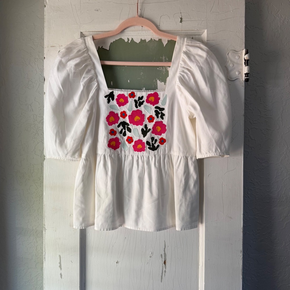 Crosby by Mollie Burch White Floral Embroidered Puff Sleeve Babydoll Top XS